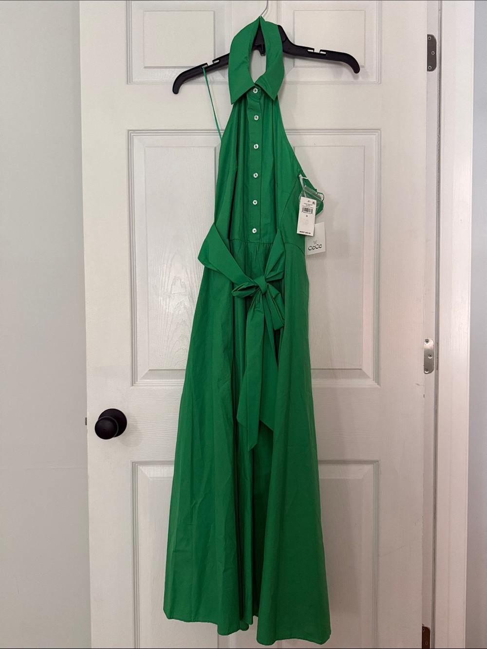 CeCe Green Halter Button-Front Maxi Dress with Tie Waist
